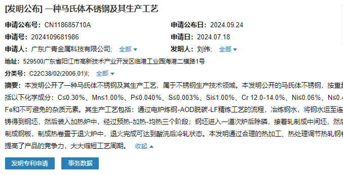 廣青科技成功申請一項名為“一種馬氏體不銹鋼及其生產工藝”專利