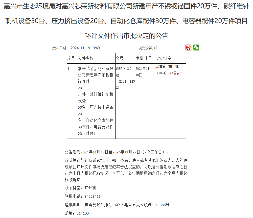 嘉興芯榮新材料公司新建年產20萬不銹鋼錨固件建設項目環評獲審批