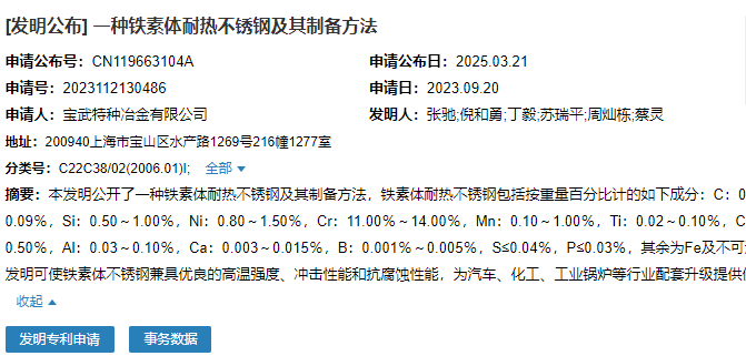 寶武特種冶金有限公司申請“一種鐵素體耐熱不銹鋼及其制備方法”專利